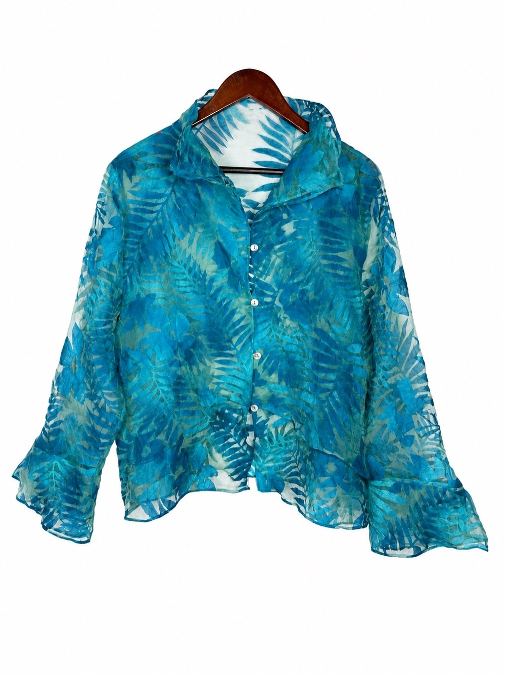 Mack and Mack Tropical Blue Sheer Leaf Pattern Ethereal 1X Button Front Top